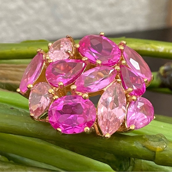 JC China Signed Pink Fuchsia Pink Cluster Crystal Cocktail Ring Size 5.5 - Picture 3 of 16